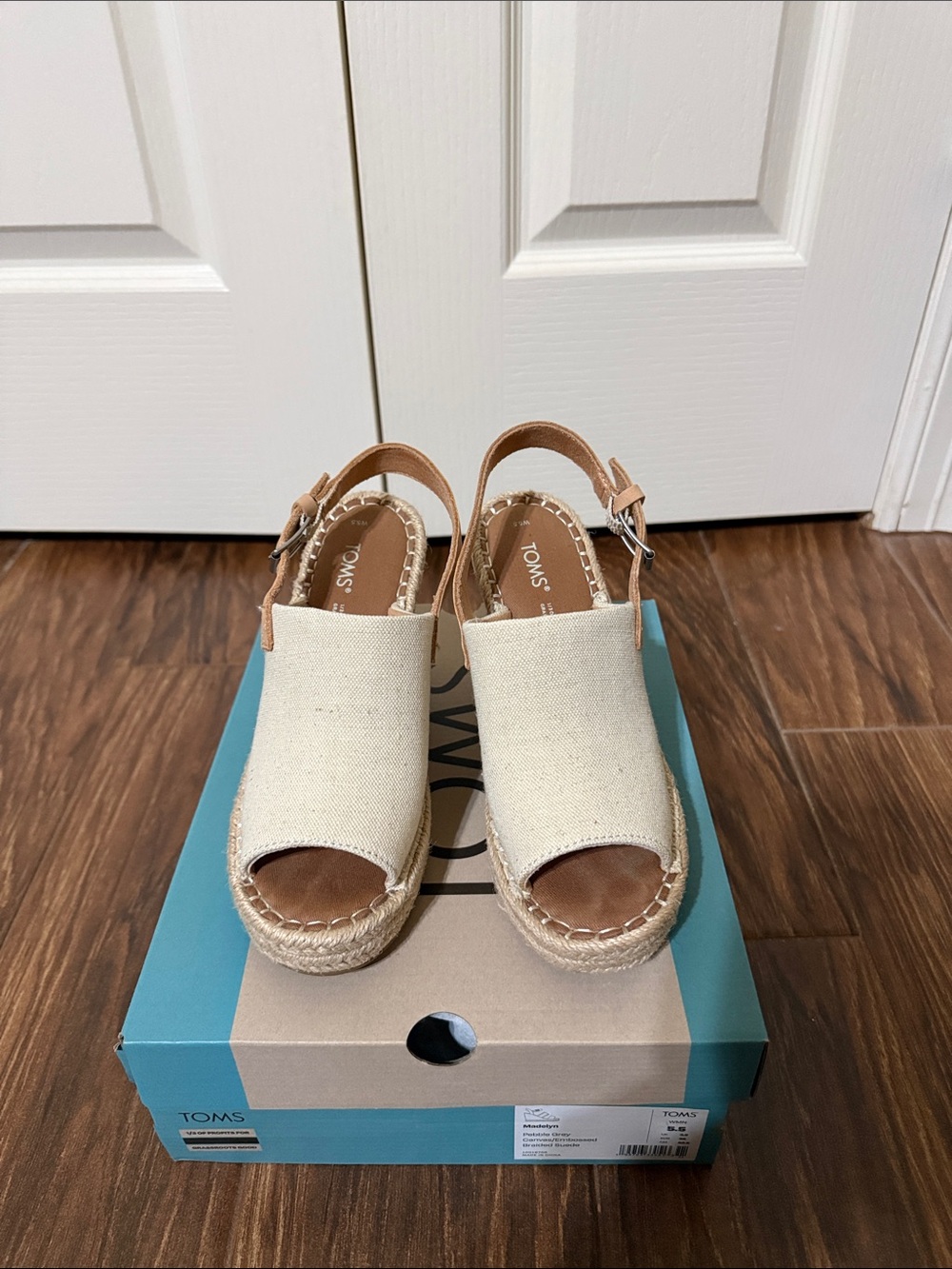 TOMS Cream Canvas Espadrille Wedge Sandals with Tan Ankle Strap